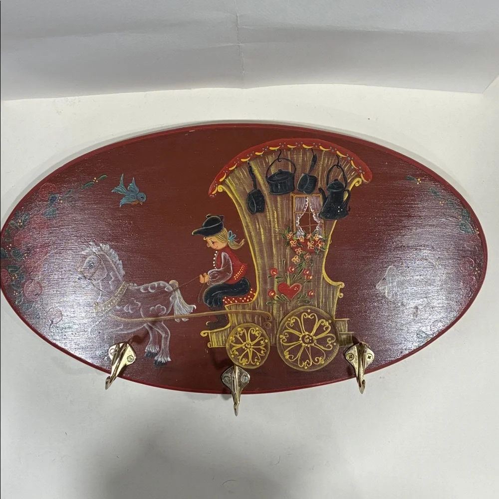 Tole Ware Coat Rack VTG Red Wall Decor W Brass Hooks Painted Colorful Dog Man